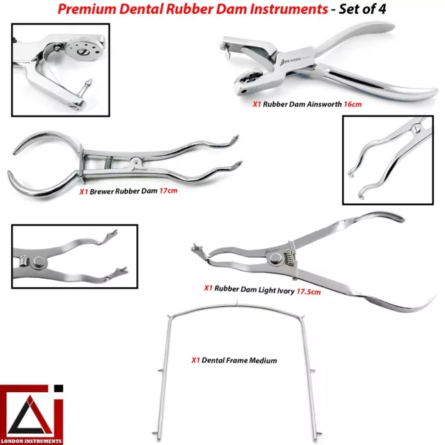 Dental Rubber Dam Tools Kit Includes Ainsworth Brewer Light Ivory Frame Set of 4