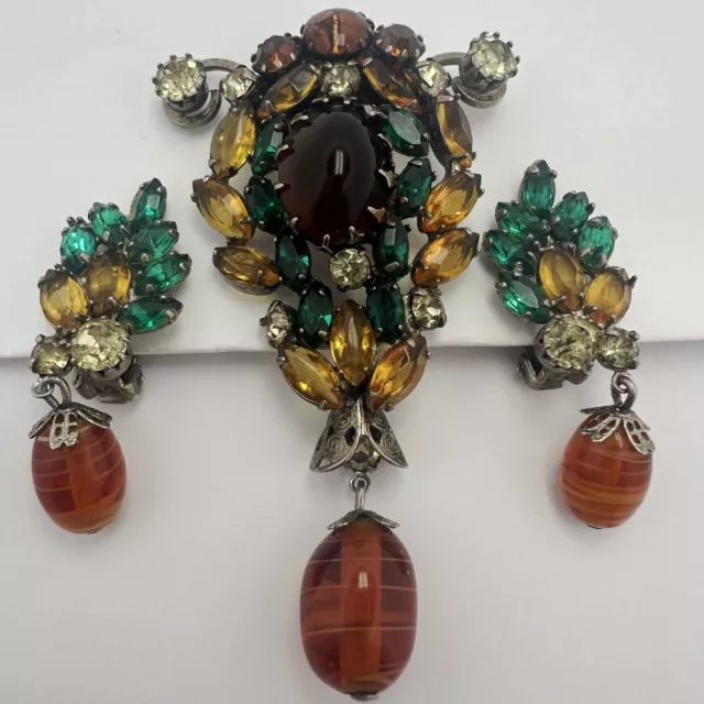 Vintage High End Green Yelllow Topaz Rhinestone Art Glass Brooch & Earring Set