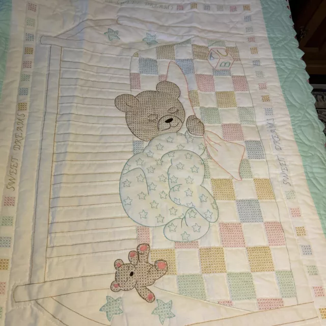 Handmade Baby Quilt & Embroidered Sleeping bear  “Sweet Dreams” 50” x 44”