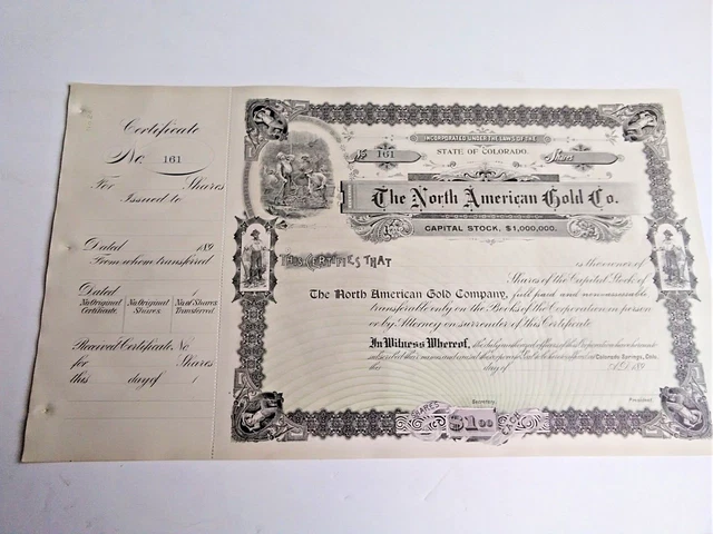 Vintage North American Gold co. unissued share certificate. Vintage North American Gold co. unissued share certificate.