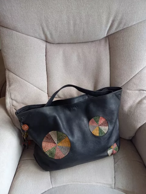 Vintage Radley große Arbeit Handwerk Stricktasche schwarz Leder Handtasche