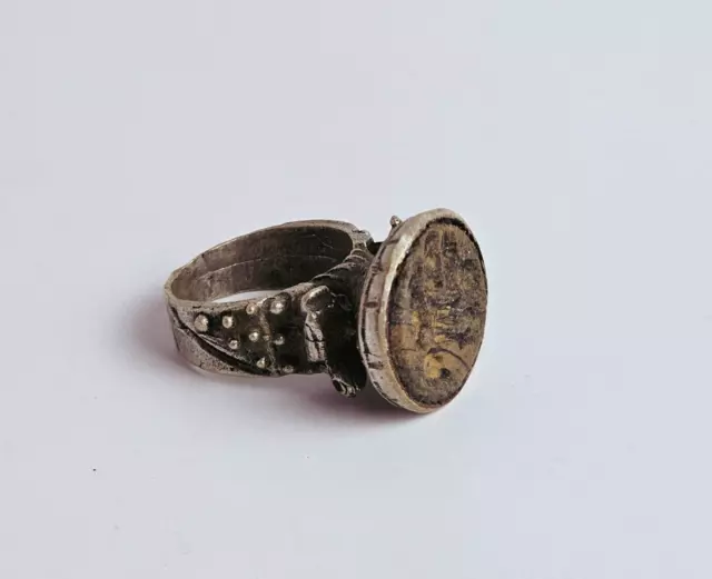 Antique  Intaglio Bird Egyptian Engraved Bronze Signet Roman Style Ring