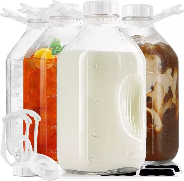 The Dairy Shoppe 2 qt Glass Milk Bottle 64 oz Heavy Glass with Lid Creamery Style, Clear Glass