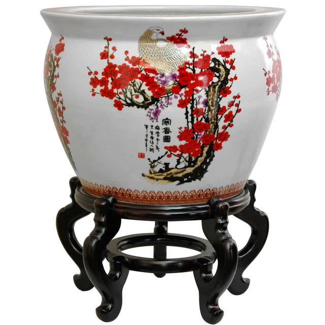 Porcelain 12-inch Cherry Blossom Fishbowl (China) White/Red