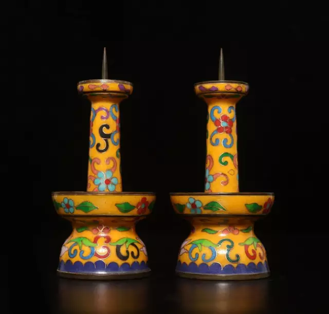 Pair Old Chinese Bronze Cloisonne Enamel Light Holder w/flower 3