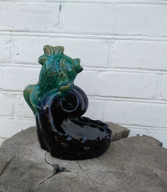 Vintage Handmade Pottery Ceramic Glaze Figurine Fish Ash-tray candy bowl 60s