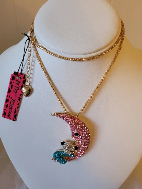 Betsey Johnson Blue Pink Cute Sleep Bear Moon Rhinestone 28" Chain Necklace NWT