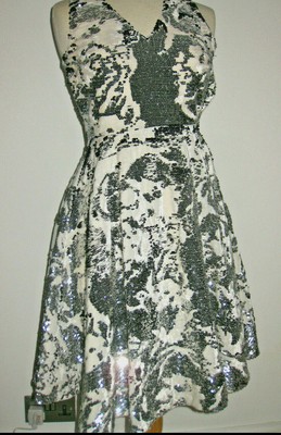 MAJE Stunning WHITE VELVET SILVER SEQUIN COCKTAIL Flared MARILYN DRESS V SMALL N