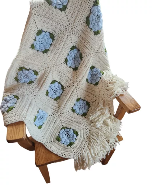 Vintage Crochet Afghan Blanket Granny Square Cottagecore Handmade Spring Blue
