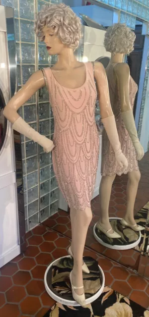 Betsey Johnson Cocktail Dress Size 4 Blush Pink Art Deco Flapper Beading