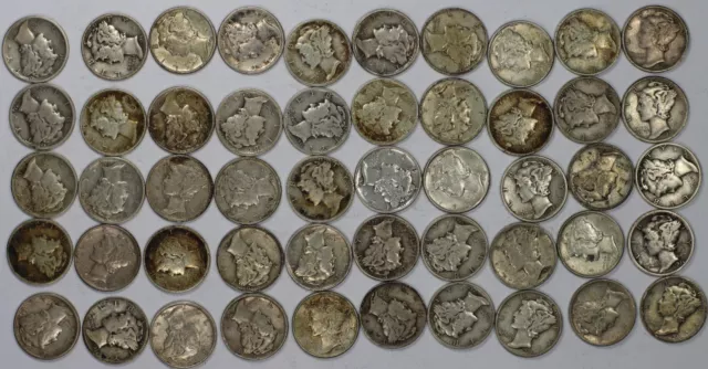 Mercury Dime Roll/Lot Of 50 Coins 90% Silver Full Dates