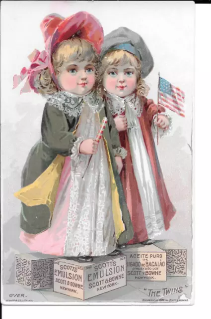 Victorian Trade Card Ad Scott's Emulsion The Twins Patriotic Little Girls