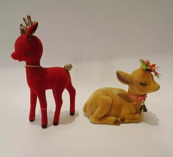 Vintage Christmas Flocked Reindeer Deer Bank Figurines Decorations