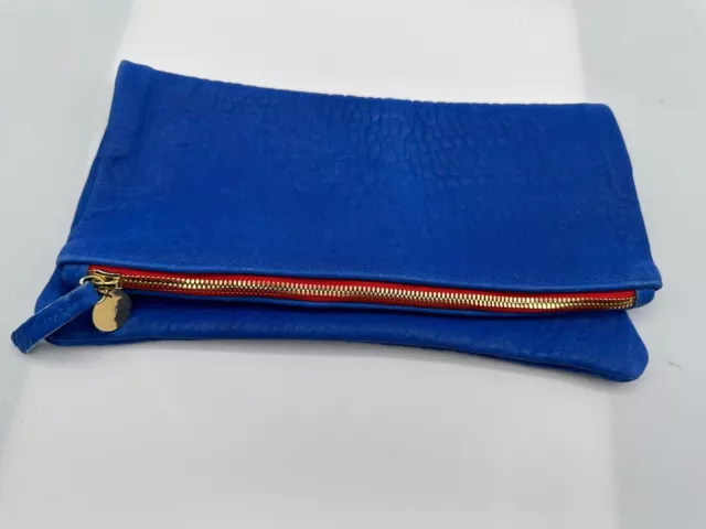 Clare Vivier Foldover Cobalt Blue Distressed Leather Pouch Purse Zip Top Clutch