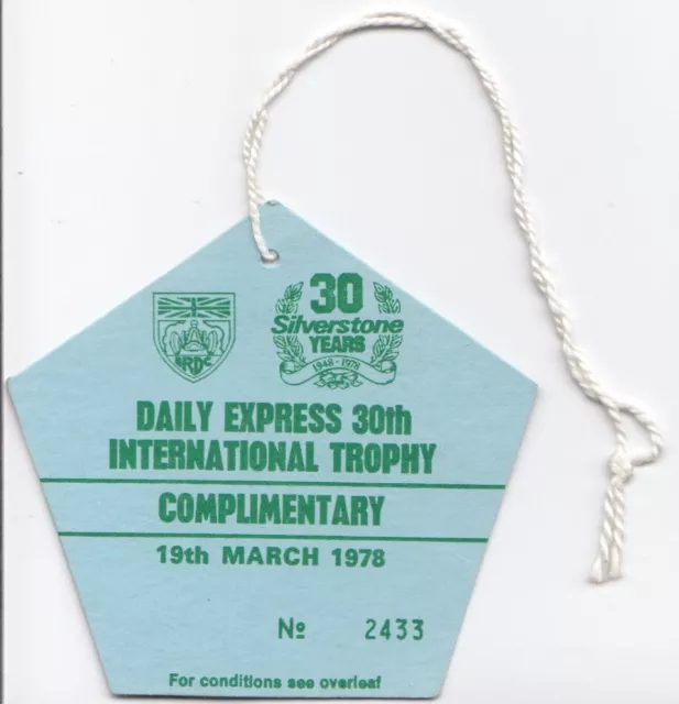 1978 Silverstone International Trophy Original Complimentary Pass Entry Ticket