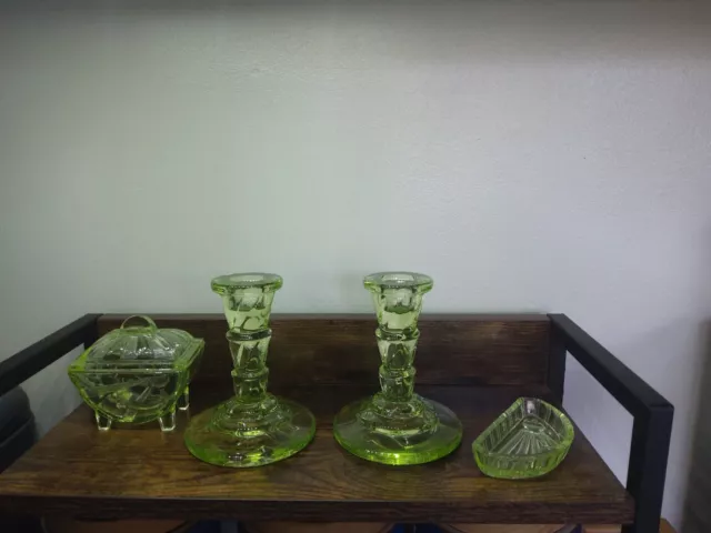 Sowerby Art Deco Sunray Design Uranium Glass Dressing Table Set- 4 Pieces