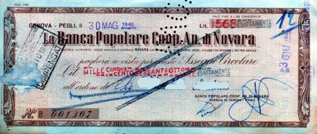 Assegno d'epoca della BANCA POPOLARE DI NOVARA 1940