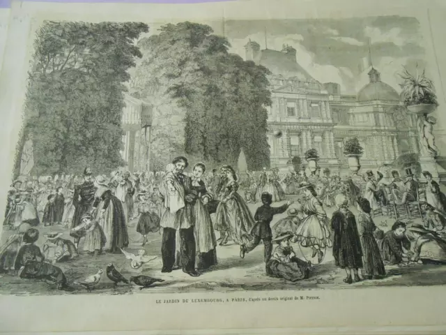 Gravure 1864 - Le jardin du Luxembourg à Paris