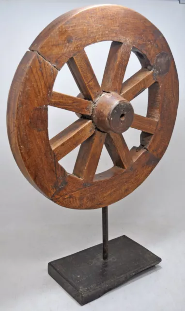 Vintage Wooden Salvage Art Round Cart Wheel On Stand Original Old Hand Crafted