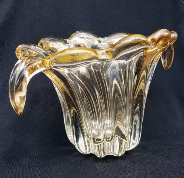 Vintage Teleflora Heavy Yellow Glass Vase With Handles 9"x 5.5"x 6"