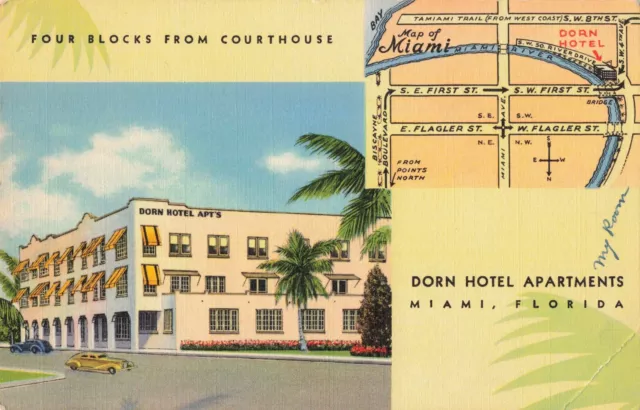 Dorn Hotel Apartments Miami Florida FL Linen c1940 Postcard