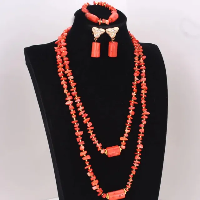 African Costume Nigeria Coral Beads Necklace Jewelry Set Bridal Jewellery Set