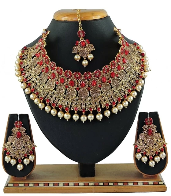 Lct Red Indian Bollywood Fashion Bridal Wear Gold Tone Jewelry Ethnic Necklace