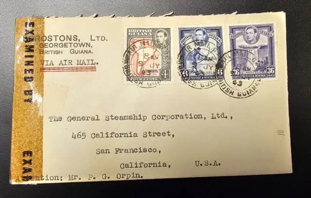 BRITISH GUIANA 1943 WWII Cover Examined by 4128 Sent to San Francisco California