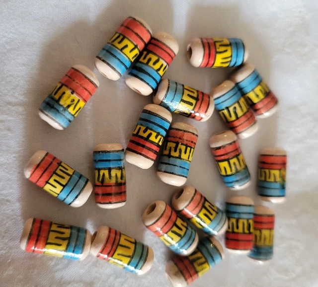 20 Keramik Perlen 14mm Zylinder gelb, blau, rot, schwarz / Inka Muster / Schmuck