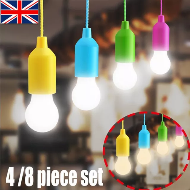 2/4/8pc Creative LED Hanging Light Bulb Battery Powered Pull Cord Bulbs Lamp UK