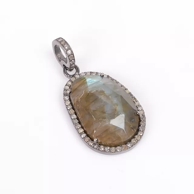 Pave Diamond Labradorite Pendant 925 Sterling Silver Dainty Jewelry For Women 2