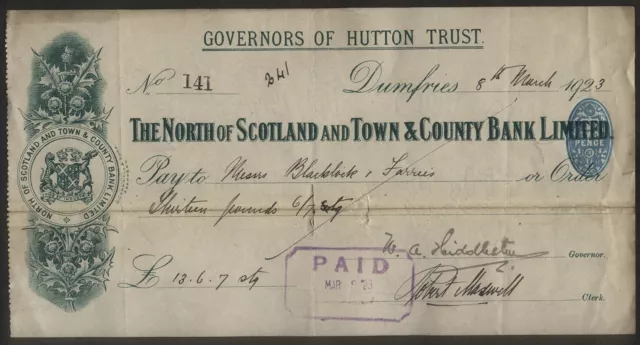 1923 Dumfries, Governors Of Hutton Trust Cheque, N Scotland & Town & County Bank