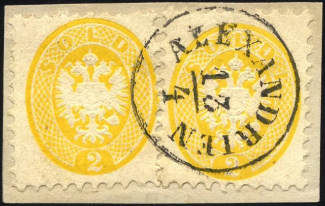 POST IN DER LEVANTE V 19 BrfStk, Vorläufer: 1864, 2 So. gelb, 2x auf Briefstück