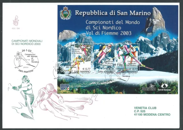 2003 San Marino Fdc Venetia 453 Mondiali Sci Nordico Timbro Di Arrivo - Bg