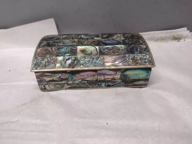 Vintage Alpaca Mexico Silver & Abalone Shell Wood Lined Box Mother Of Pearl