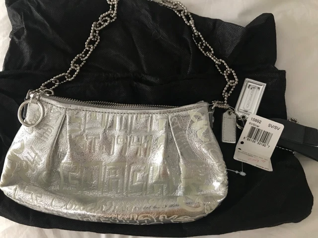 Coach Poppy Metallic Silver Etched Storypatch Leather Evening Shoulder Bag 15892