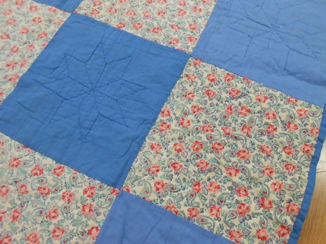 Vtg Antique 1930 Blue & pink Floral STAR HAND QUILTED & STITCHED Quilt 57x82