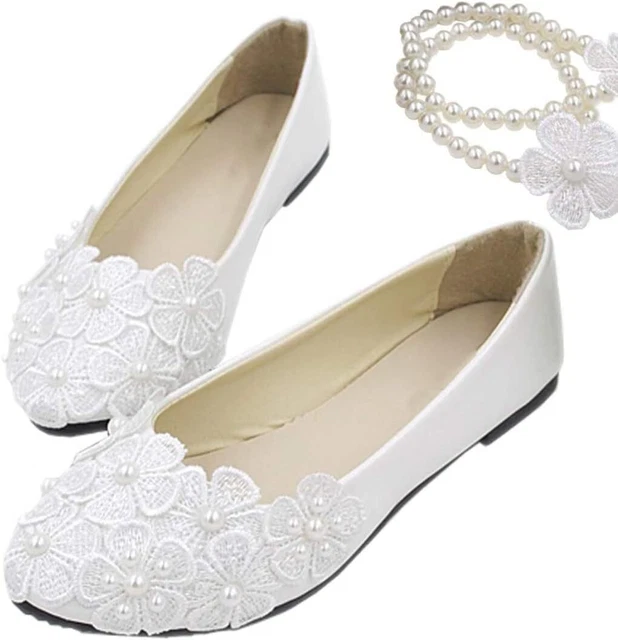 Cymtoo Bride Flats Shoes Lace Flowers Bridal Wedding Ankle Pearl Beads...