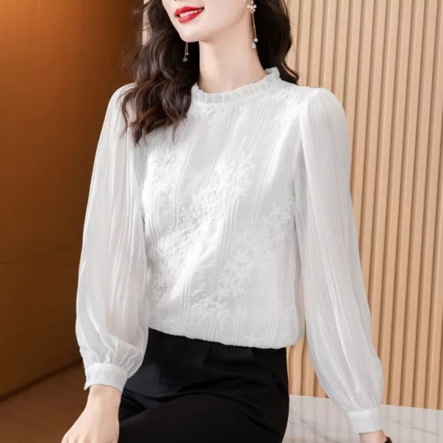 Women Ruffle Embroidered Pleated Long Sleeve Chiffon T-shirt Tops Casual Blouse