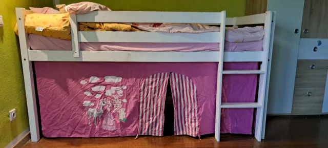 Kinderzimmer Möbel, Hochbett, Schrank und Regal, Farbe weiß und Holzdekor (Buche