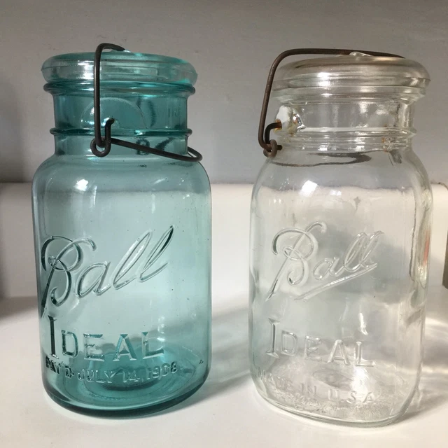 Antique Ball Ideal Quart Jars Blue & Clear Glass Top Bottle w/ Metal Strap 1908