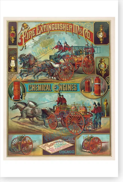 Horse Drawn Chemical Fire Engine And Extinguisher Fireman Advertising Poster