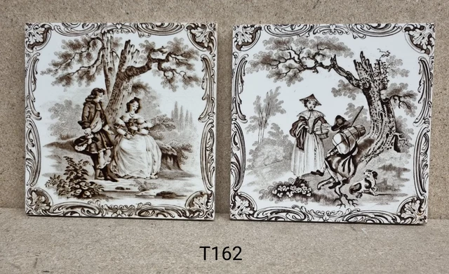 2 antique minton tiles from Watteau series c.1880