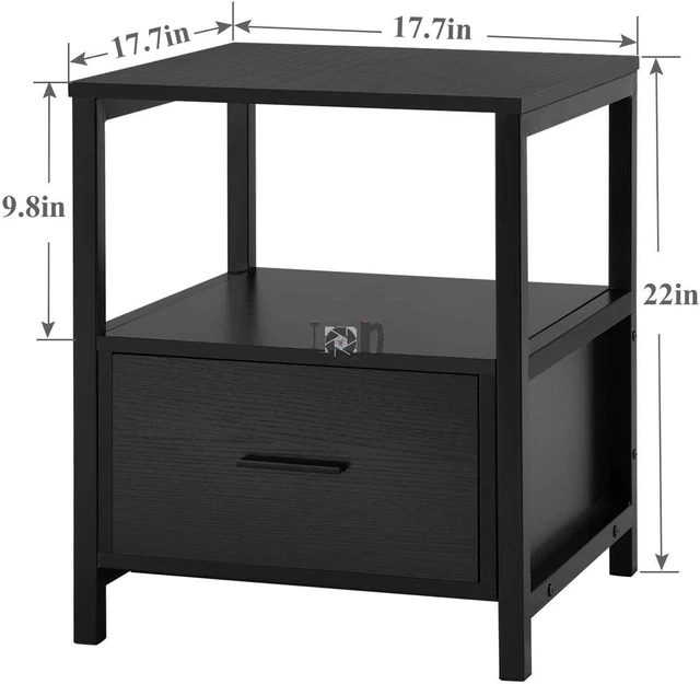 2pc Modern Nightstand with Drawer Square End Black Metal Frame