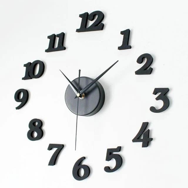 3D DIY FOAM Wall Clock Black Silent SelfAdhesive Frameless Quartz