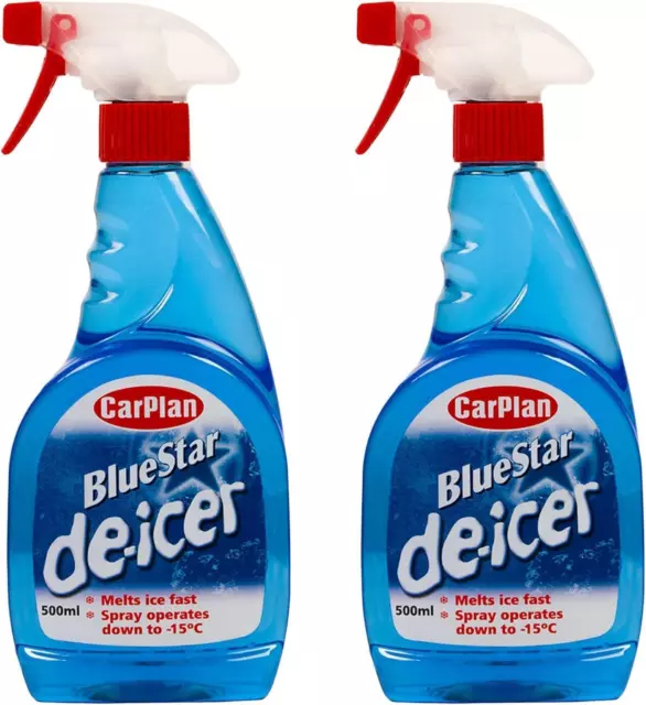 2x Carplan Bluestar De Icer Trigger 500ml Spray Aerosol Car WindSheild Cleaner