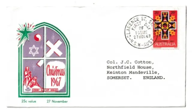 27/11/1967 Australia FDC - Christmas 1967 25c Value - Clarence St. Sydney FDI
