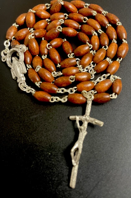 Vintage Catholic Brown Wood 5 Decade Rosary, Silver Tone Crucifix, Italy