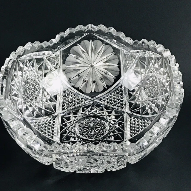 American Brilliant Period Glass Serving Bowl Hobstars Fine Cut Flowers 8”x3.5”