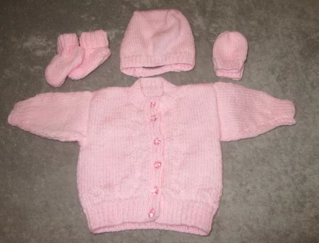 Hand knitted pink cardigan/hat/mittens & booties in pink 0 - 3 months baby girl